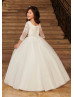 Boat Neck Ivory Lace Glitter Tulle Corset Back Flower Girl Dress